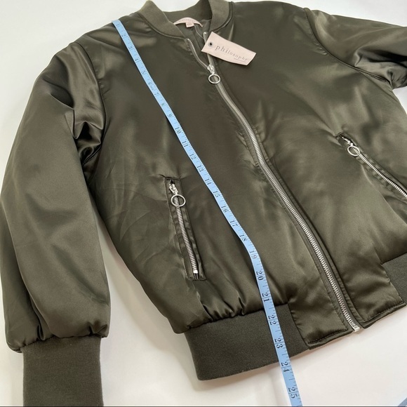New Philosophy Rich Olive Green Satin 90s Zip-up Preppy College Bomber Jacket - Picture 15 of 16